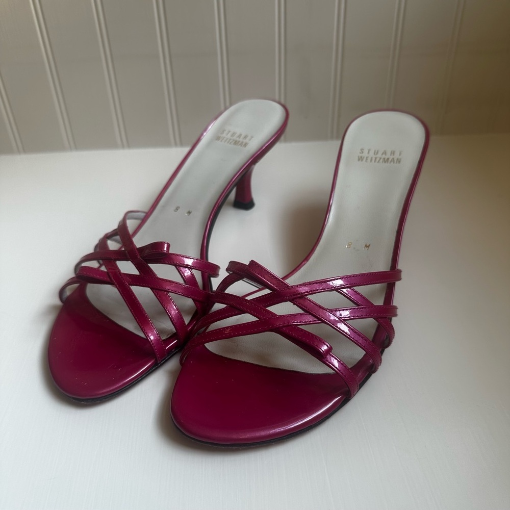 Stuart Weitzman Metallic Fuchsia Strappy Mule Heels